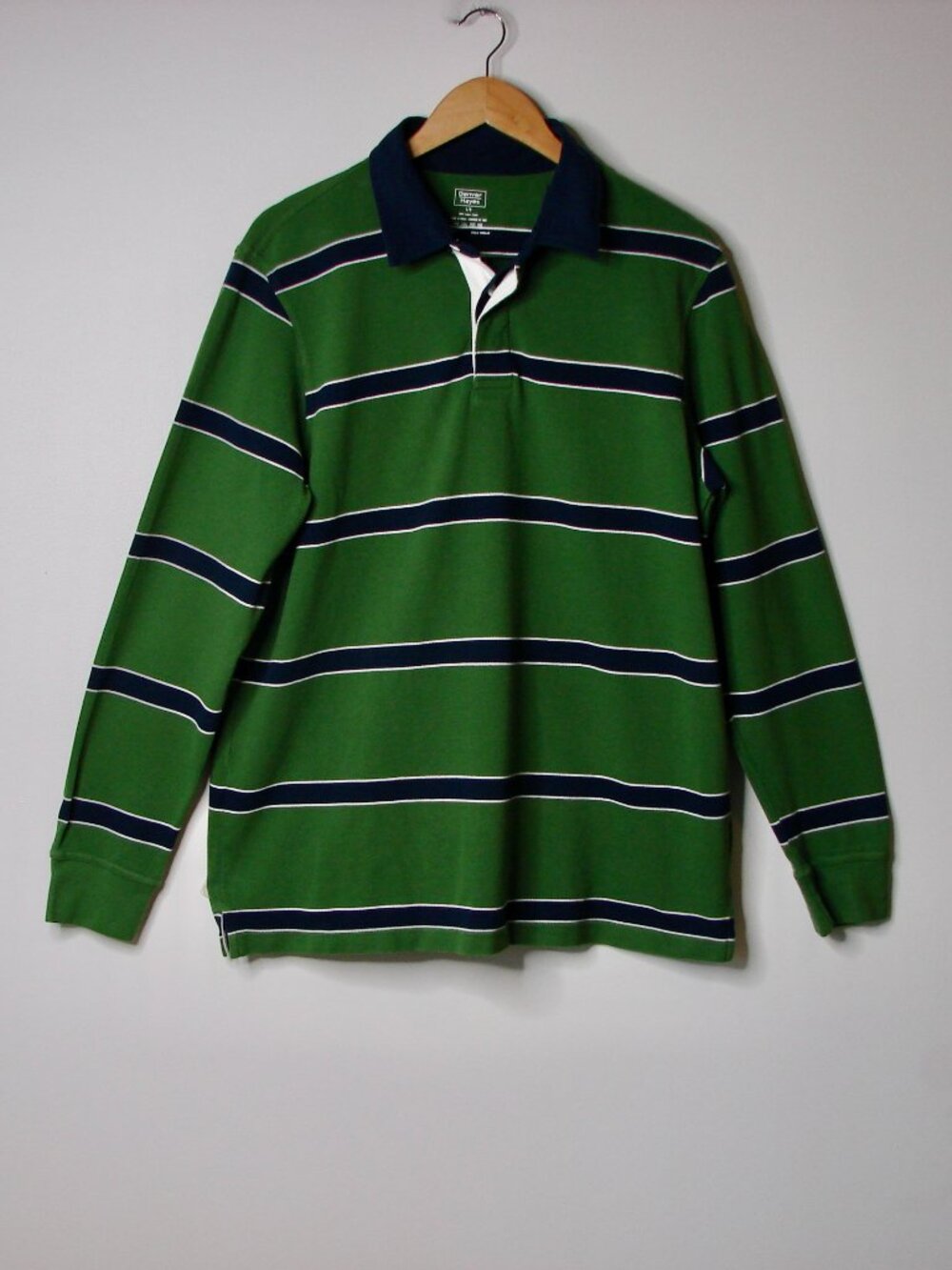 Denver Hayes Striped Rugby Shirt Top Long Sleeve Navy Blue Green Polo Size Large